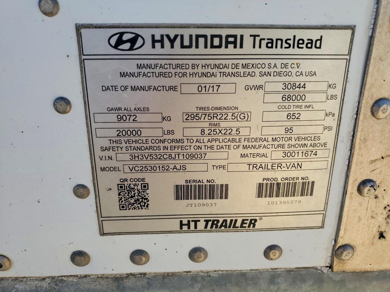 2018 Hyundai Translead VC2530152-AJS DRY Van Trailer