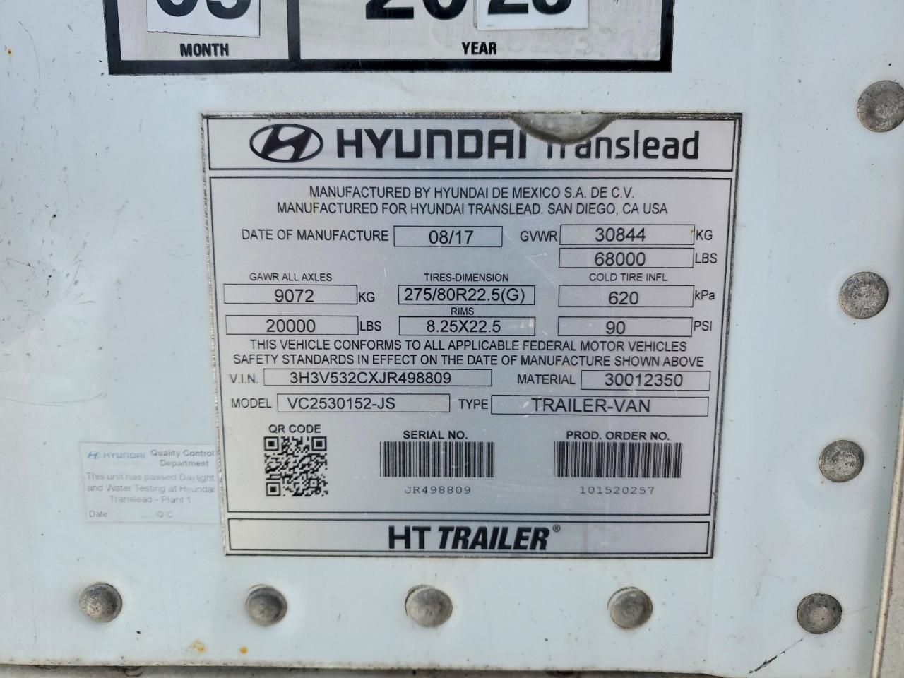 2018 Hyun DAI Translead VC2530152-JS DRY Van Trailer