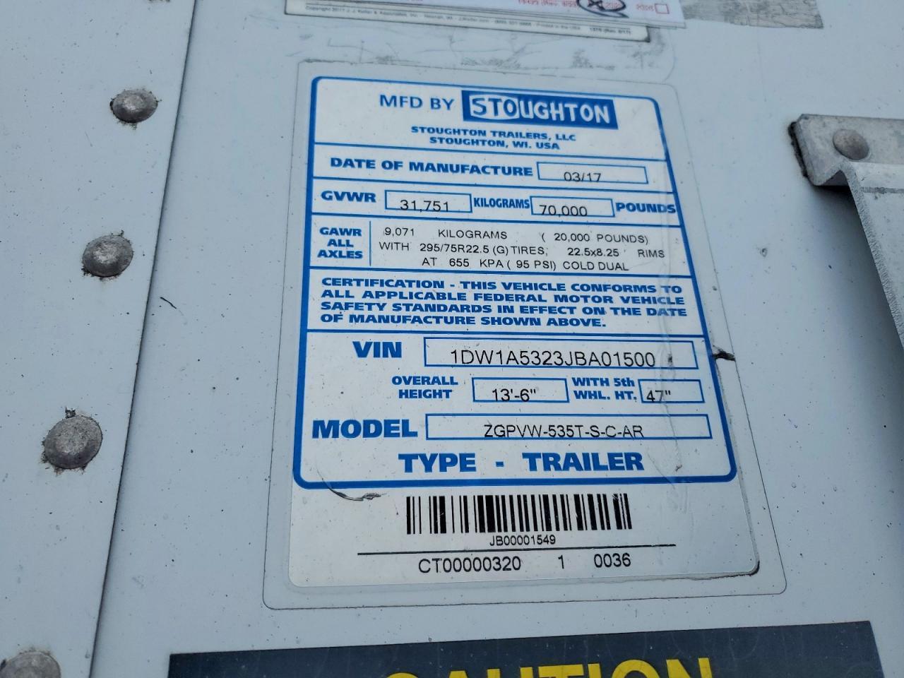 2018 Stoughton Zgpvw-5323-S-C-AR DRY Van Trailer