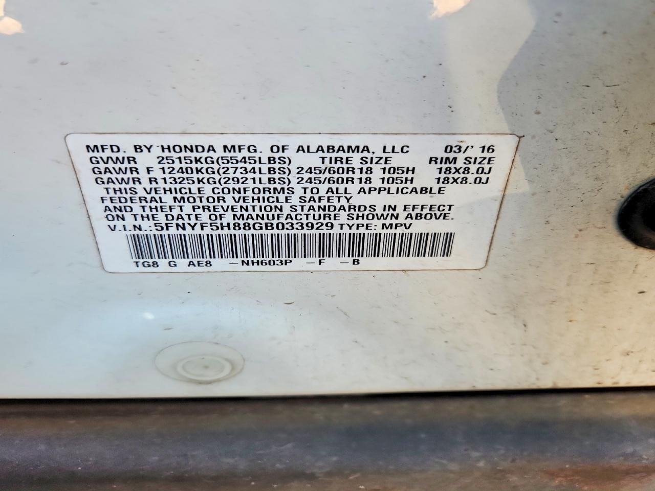 2016 Honda Pilot exl