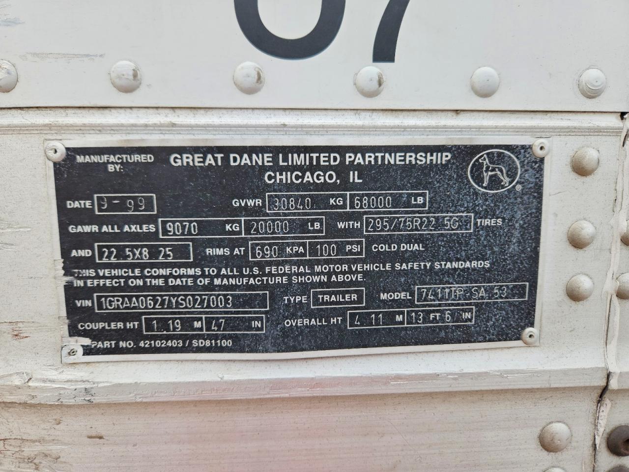 2000 Great Dane 7411TP-SA-53 DRY Van Trailer