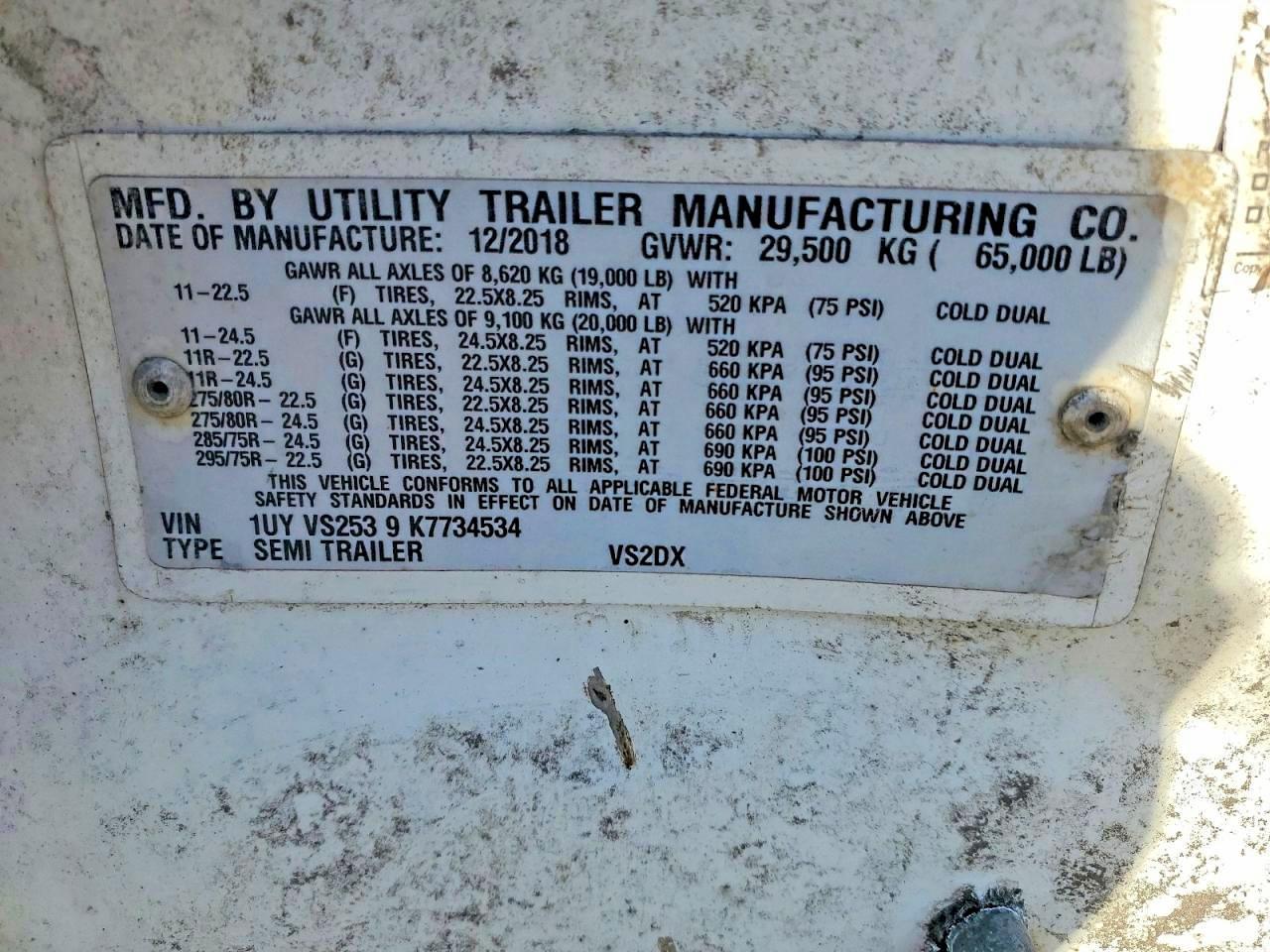 2019 Utility VS2DX DRY Van Trailer