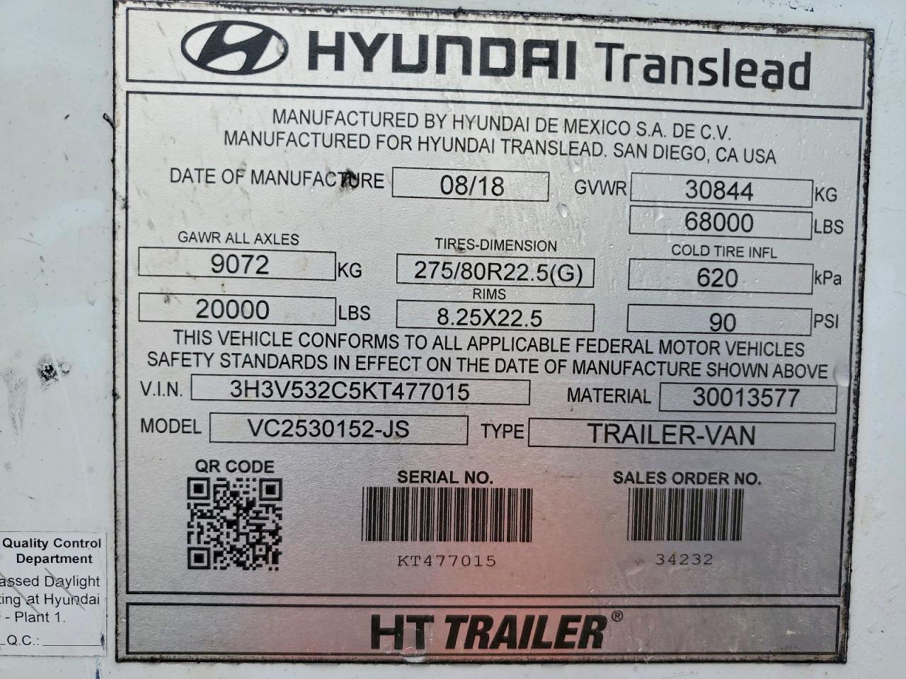 2019 Hyundai Translead VC2530152-JS DRY Van Trailer