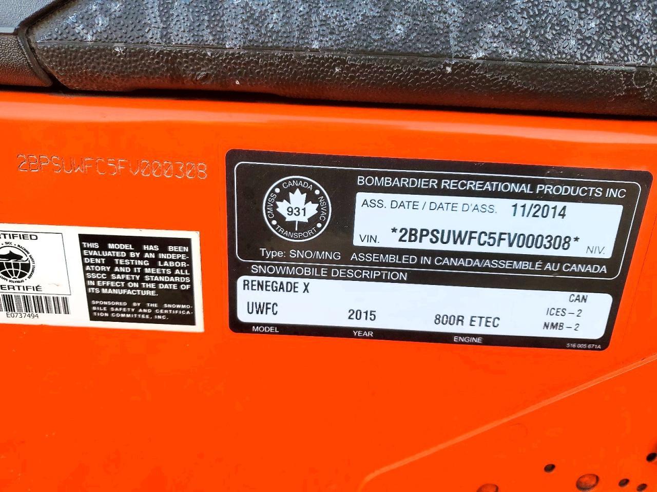 2015 Skidoo Renegade X E-TEC 800