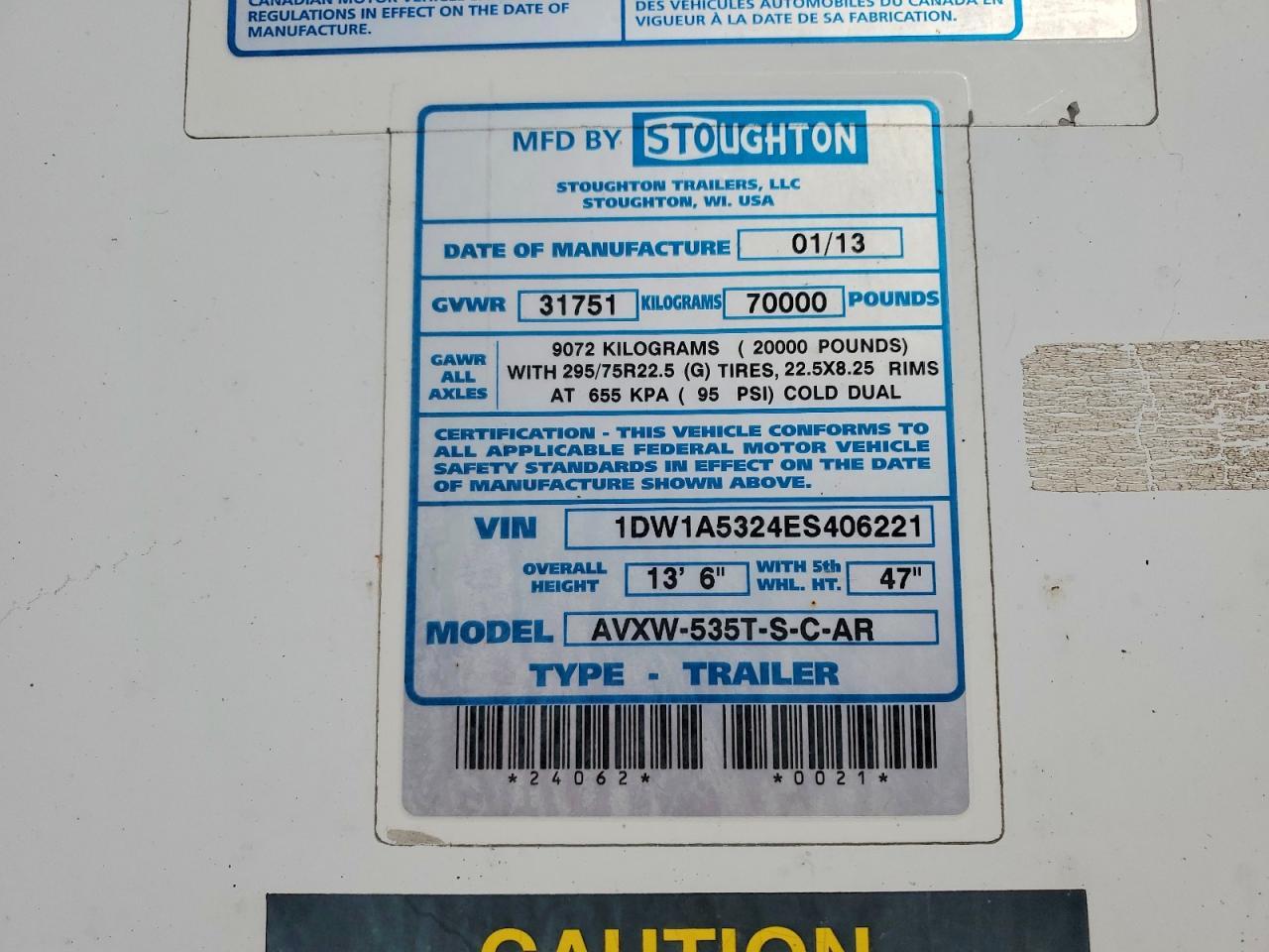 2014 Stroughton Avxw-535T-S-C-AR DRY Van Trailer