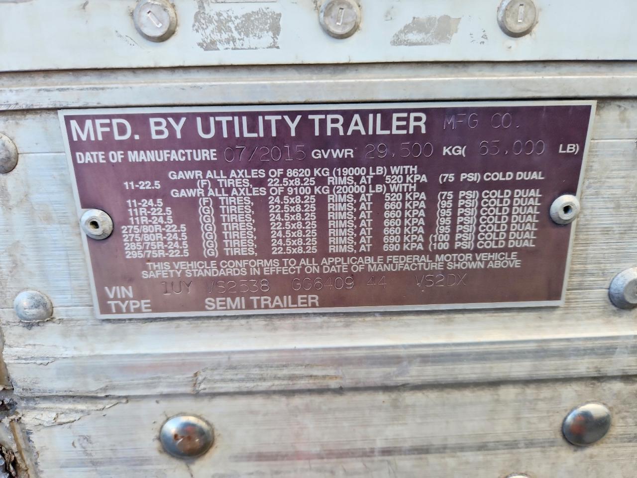 2016 Utility VS2DX DRY Van Trailer