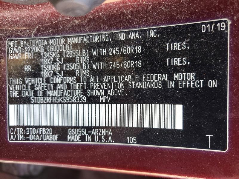 2019 Toyota Highlander le