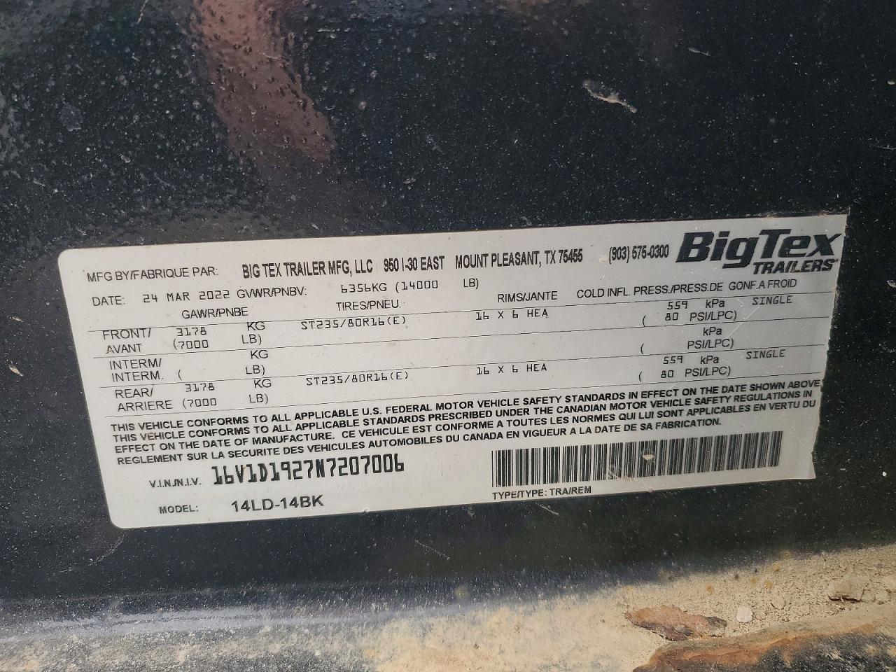 2022 Bigtx 14LD-14BK Dump Trailer