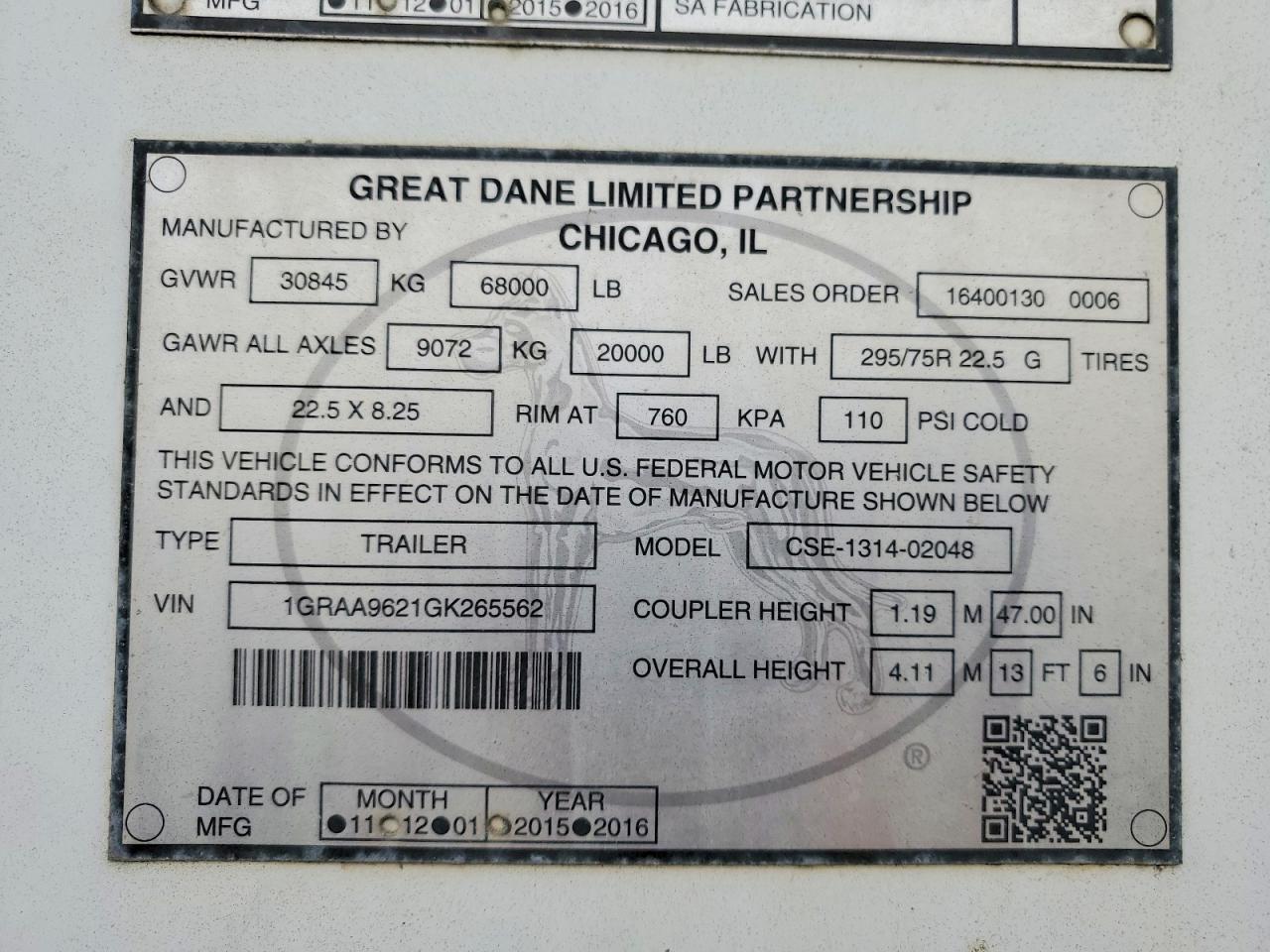 2016 Great Dane CSE-1314-02048 DRY Van Trailer