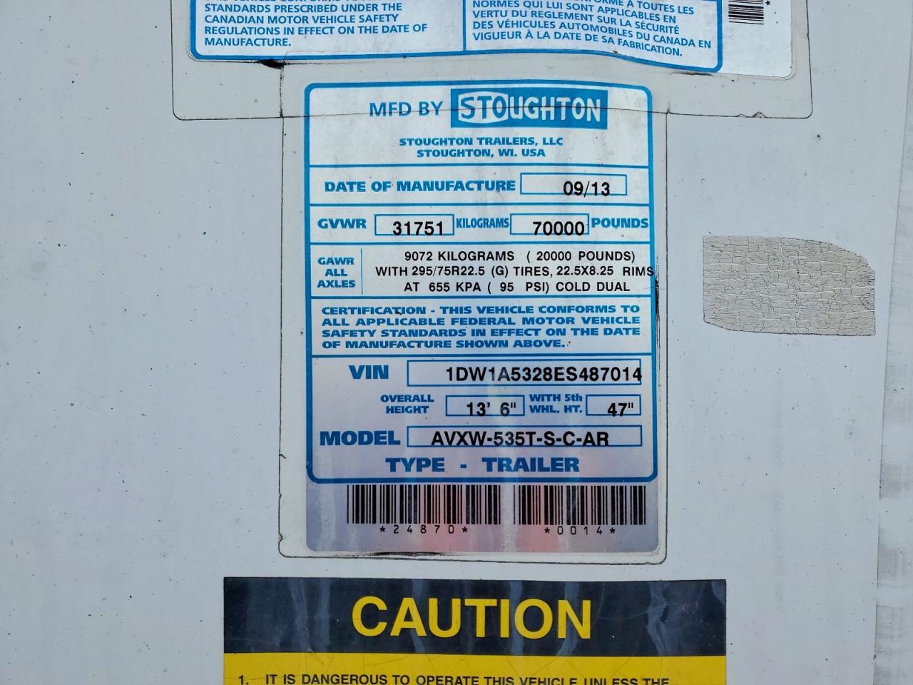 2014 Stoughton Avxw-535T-S-C-AR DRY Van Trailer