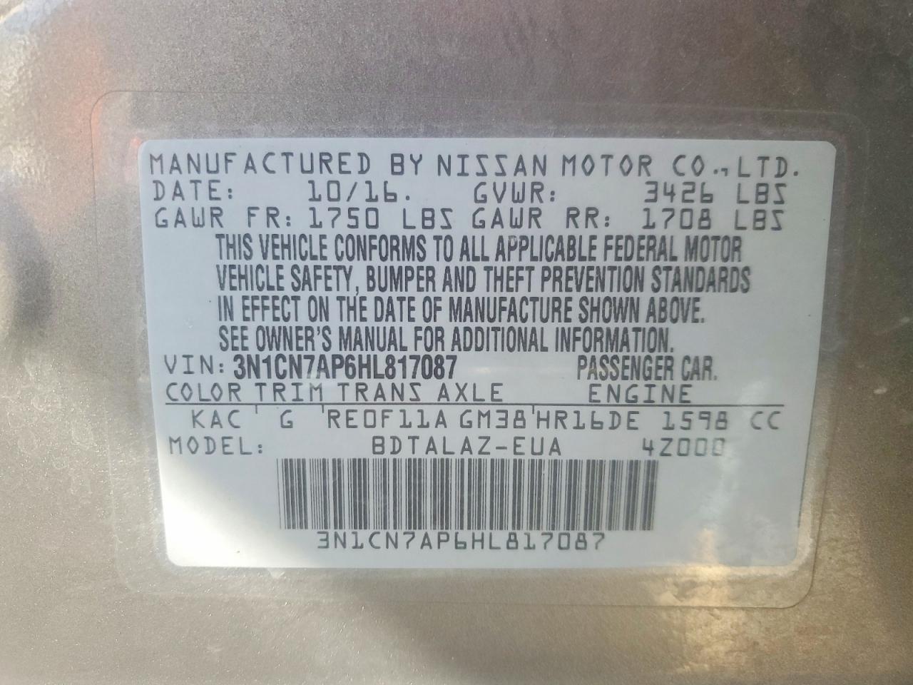 2017 Nissan Versa 1.6 s Plus