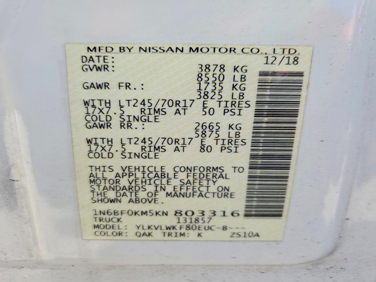 2019 Nissan NV 1500 Utility / Service Van