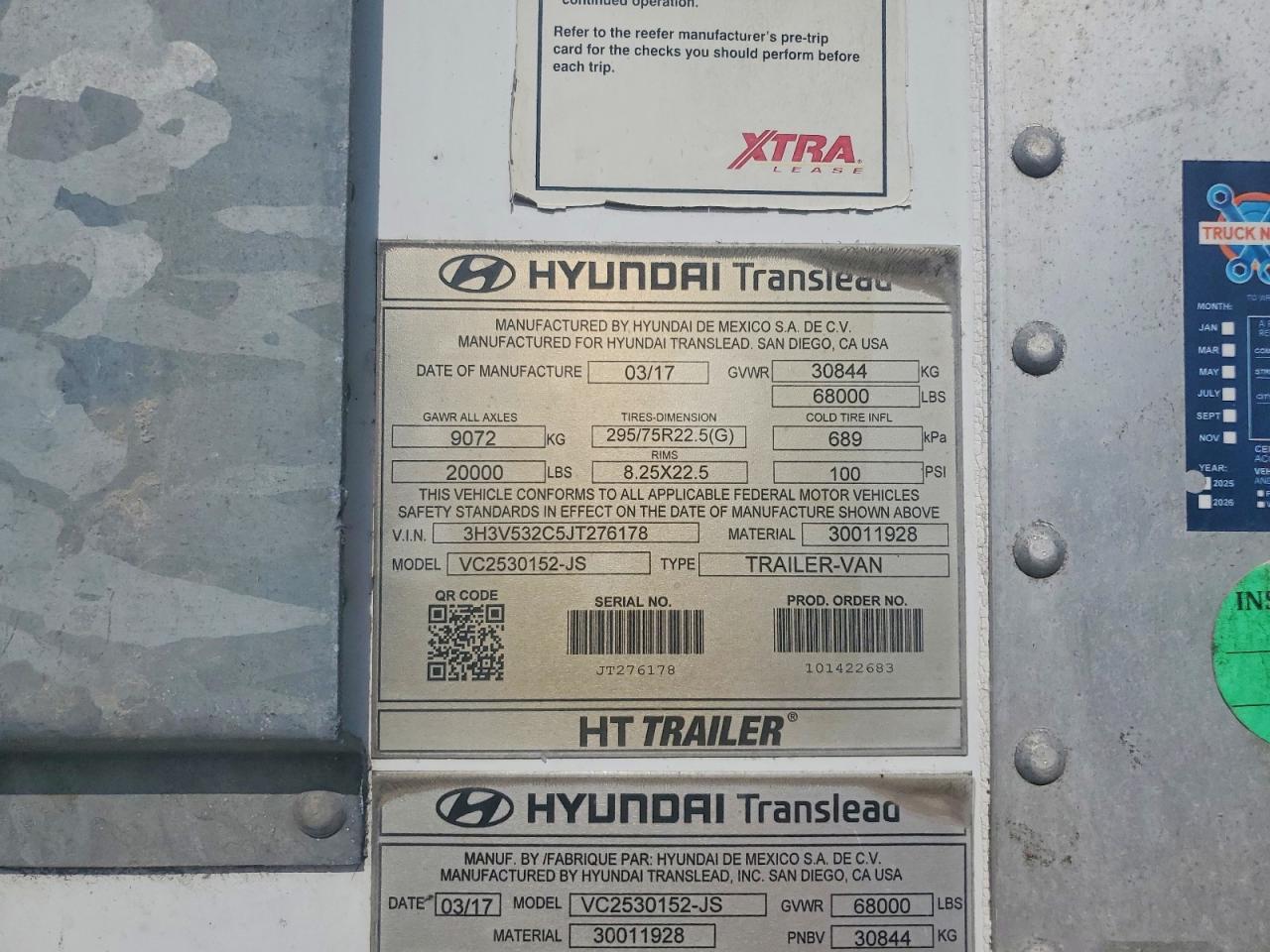 2017 Hyundai Translead Inc 2017 Hyundai Translead VC2530152-JS DRY Van Traile
