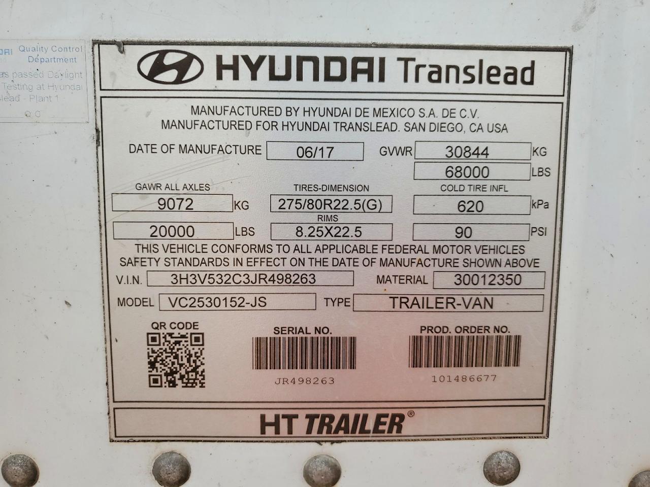 2018 Hyundai Translead Inc 2018 Hyundai Translead VC2530152-JS DRY Van Traile