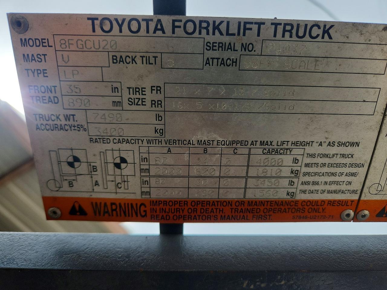 2015 Toyota 8FGCU20 Forklift