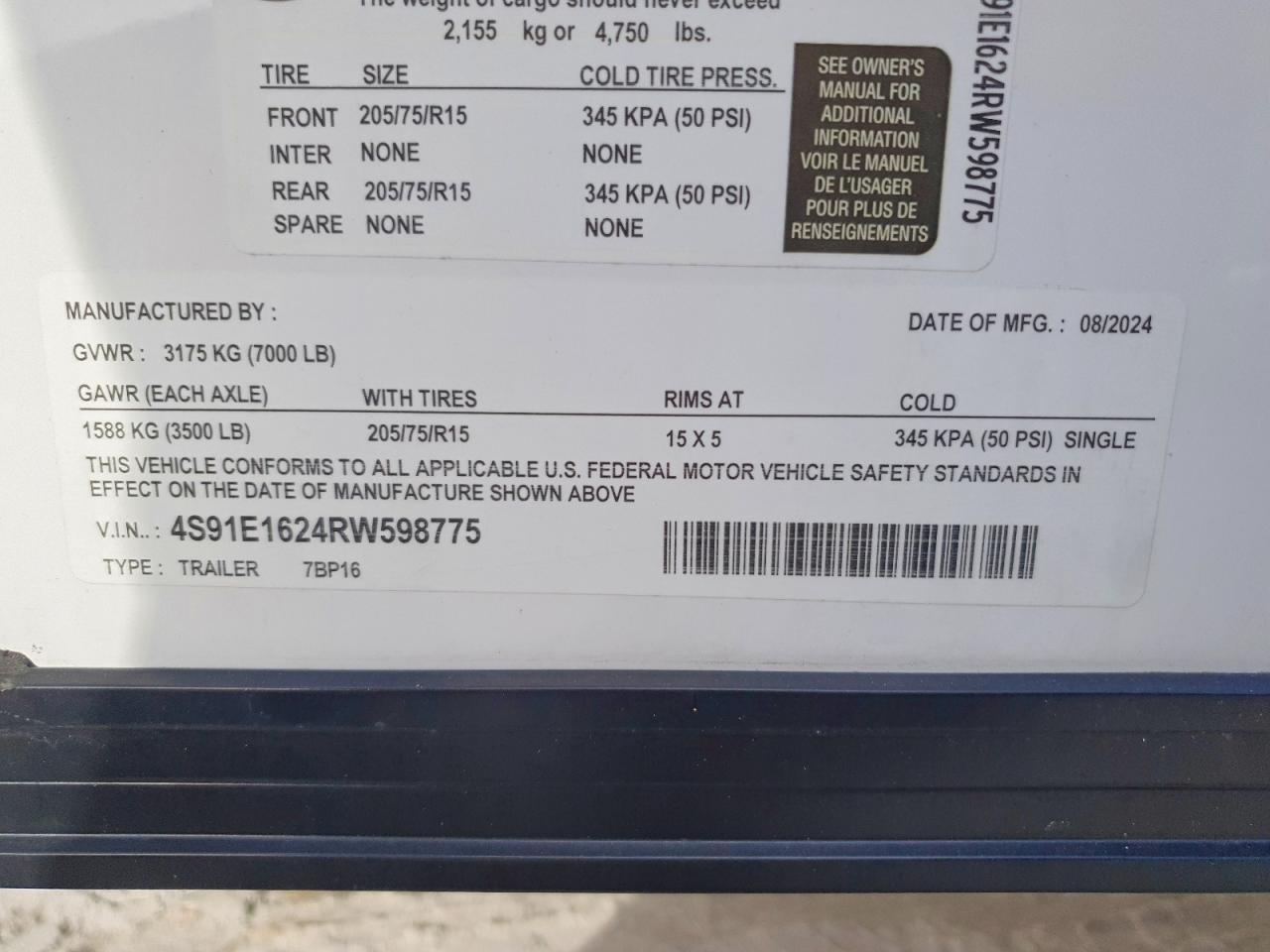 2024 Sawyer 7BP16 Enclosed Cargo Trailer