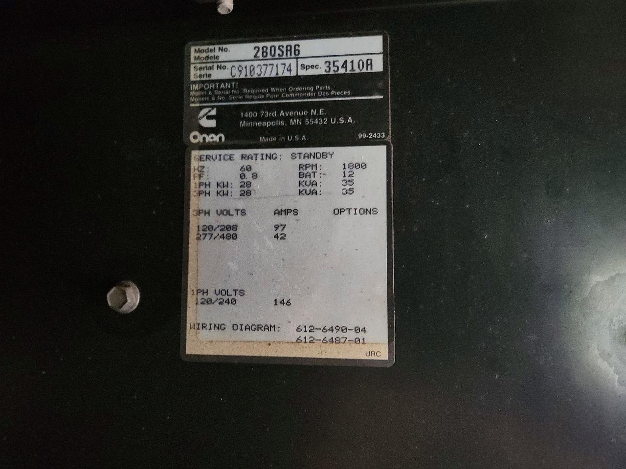 2000 Onan 280SA6 Generation