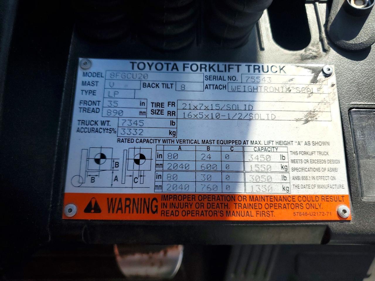 2016 Toyota 8FGCU20 Forklift