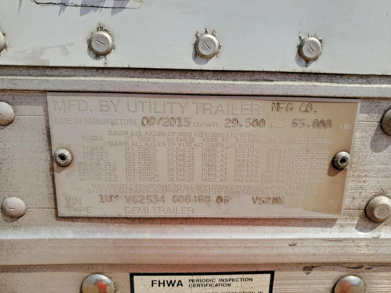 2016 Utility VS2DX DRY Van Trailer
