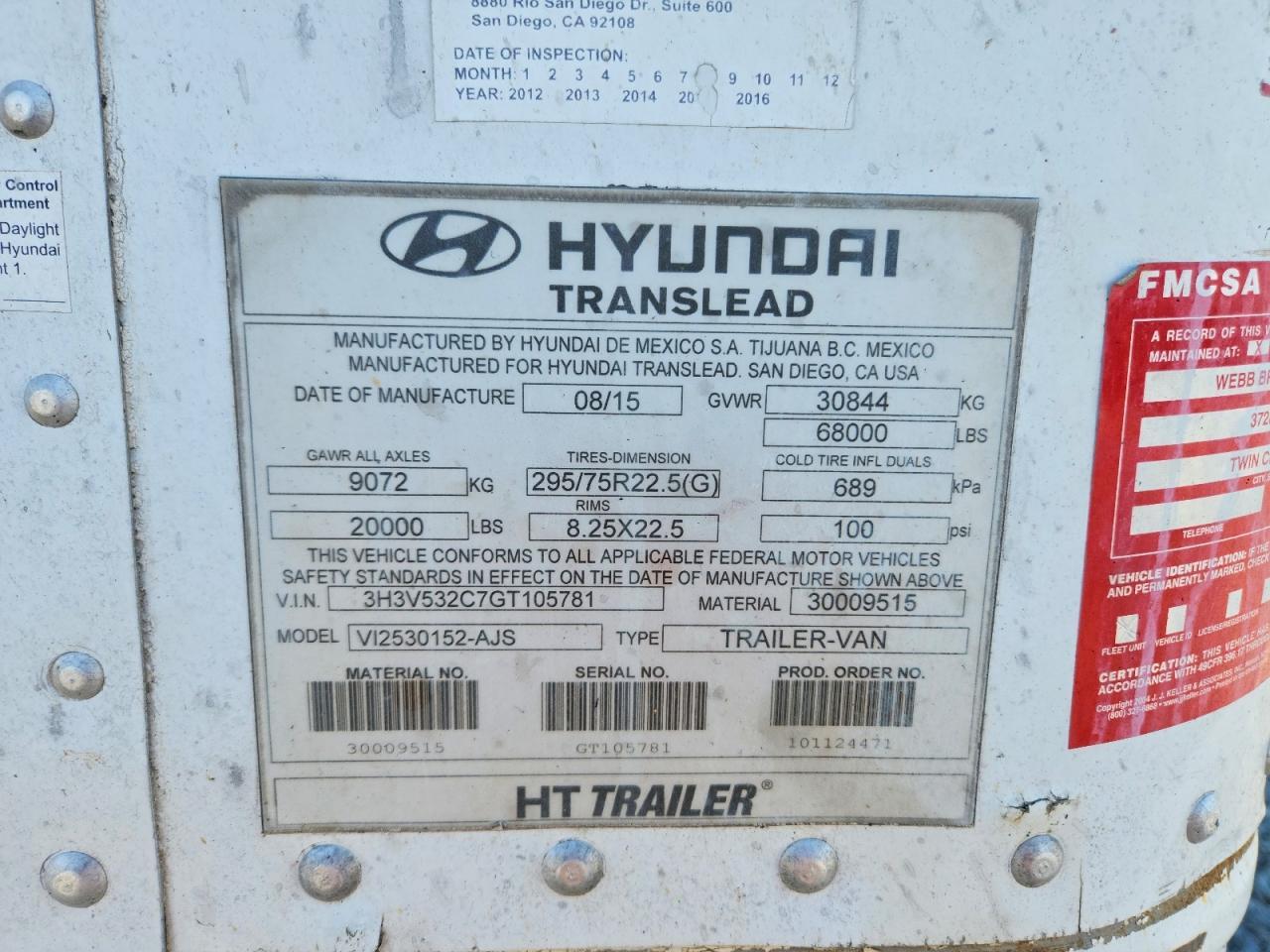 2016 Hyun DAI Translead VI2530152-AJS DRY Van Trailer