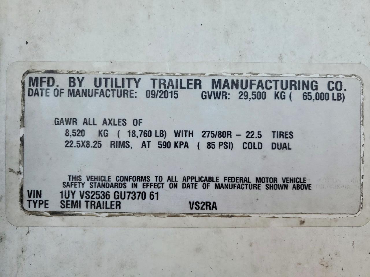 2016 Utility VS2RA Refrigerated Van Trailer