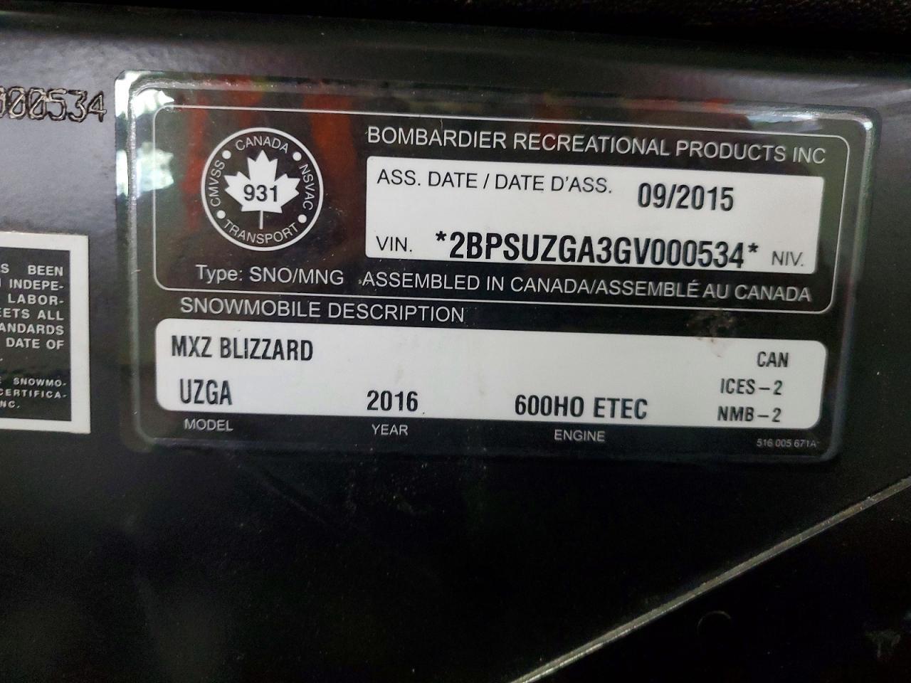 2016 Skidoo Blizzard 600 E-TEC 1