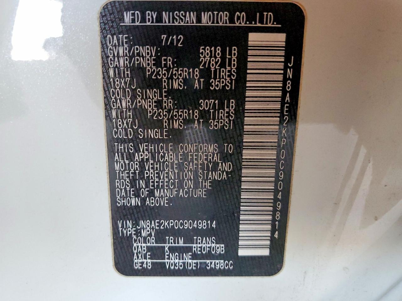 2012 Nissan Quest 3.5 s