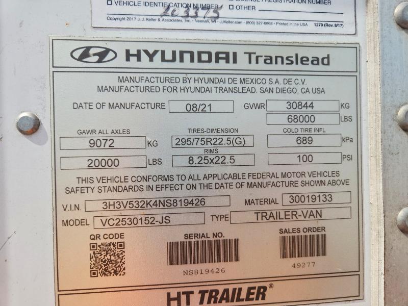 2022 Hyundai Translead VC2530152-JS DRY Van Trailer
