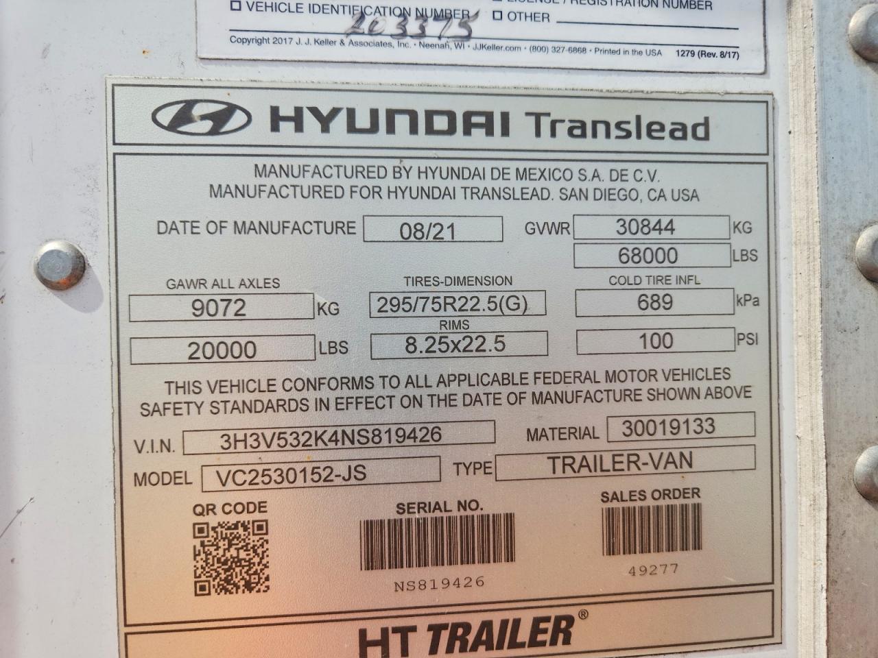 2022 Hyundai Translead VC2530152-JS DRY Van Trailer