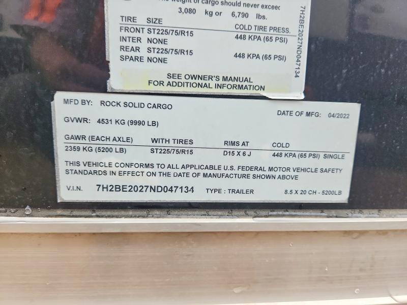 2022 Rock Solid Carg O 8.5X20CH Enclosed Cargo Trailer