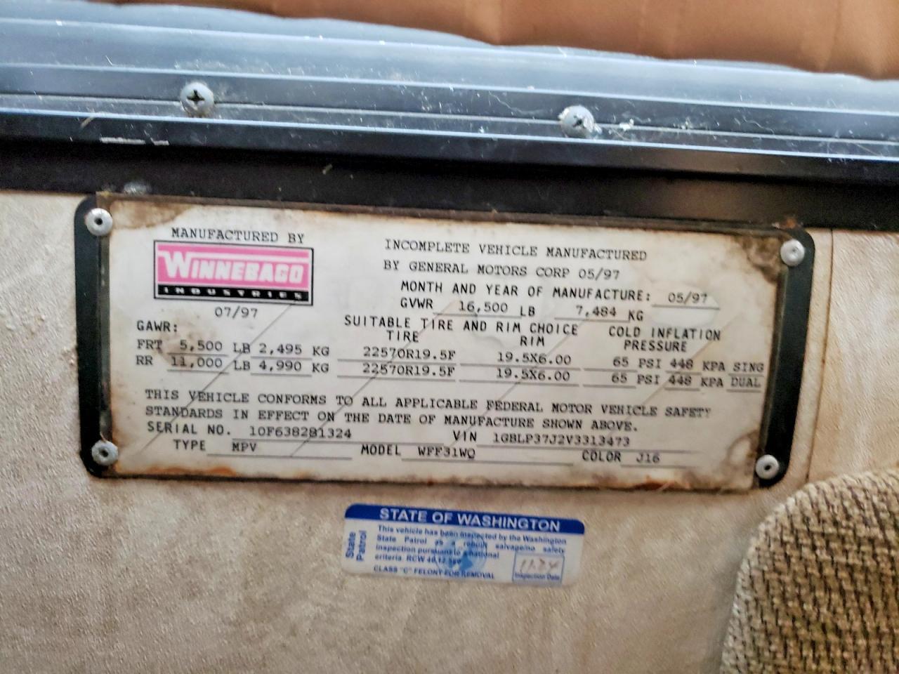 1998 Winnebago 1997 Chevrolet Motorhome Chassis RV