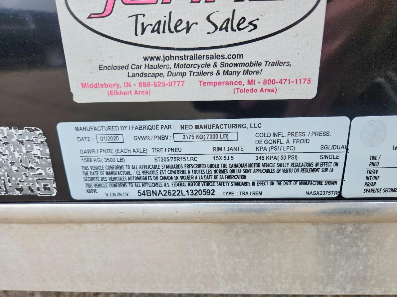 2020 NEO NASX2375TR6 Enclosed Snowmobile Trailer