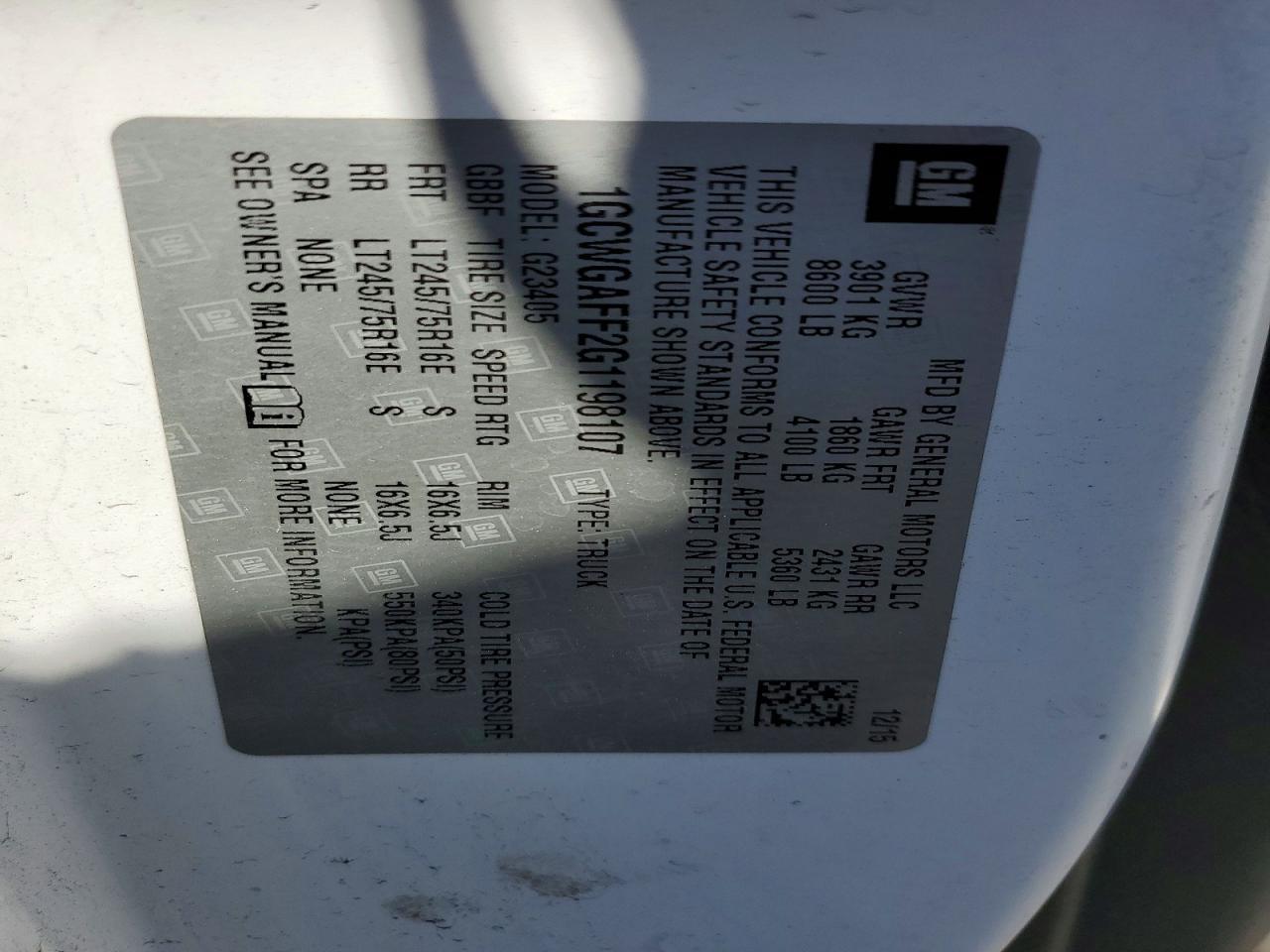 2016 Chev Rolet Express 2500 Cargo Utility / Service Van