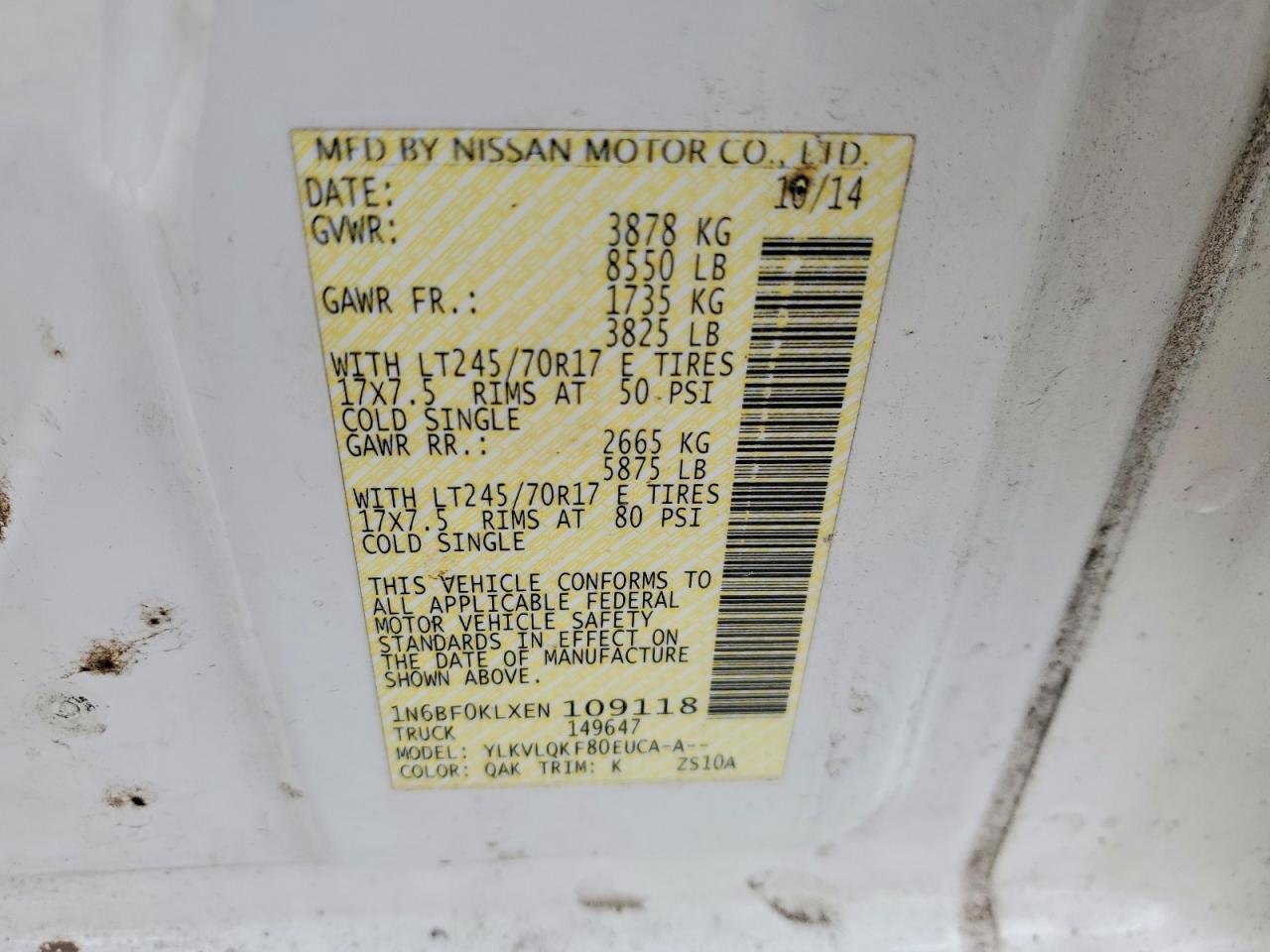 2014 Nissan NV 1500 S Utility / Service Van