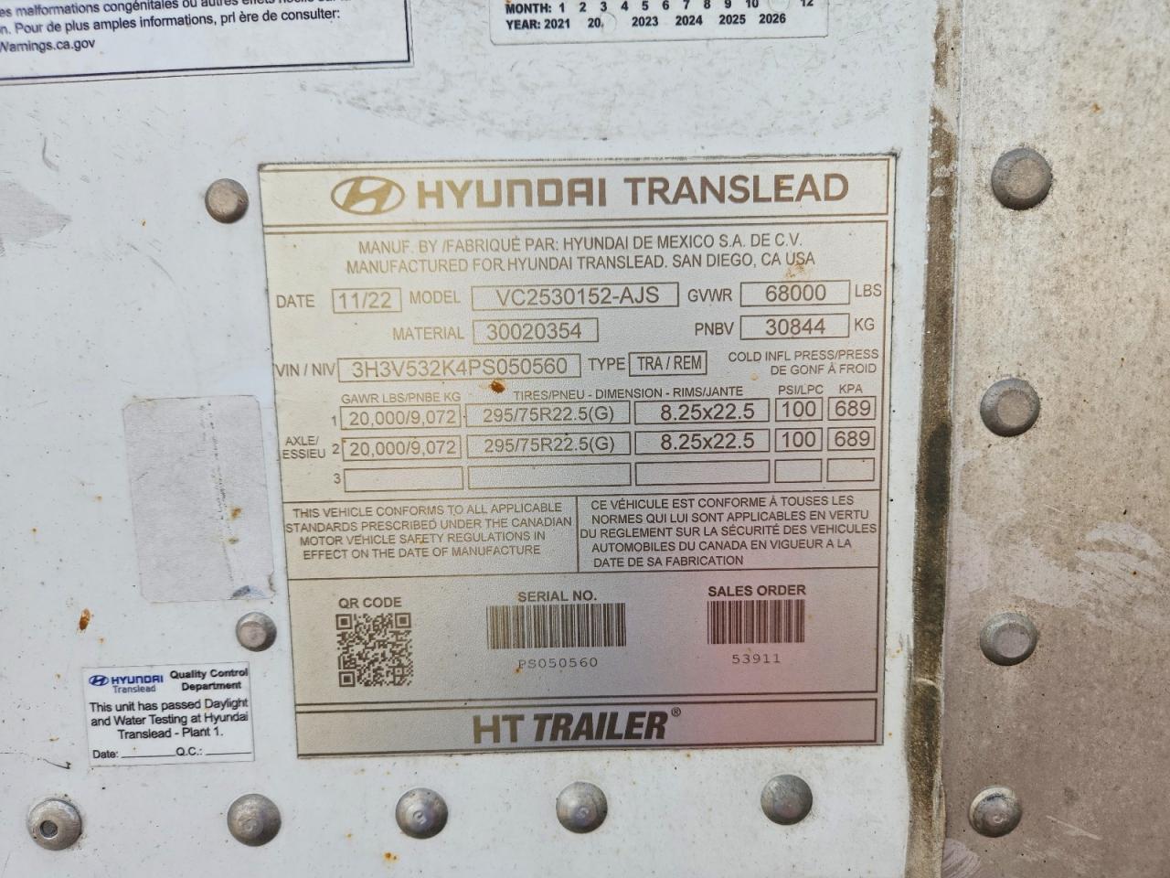 2023 Hyundai Translead VC2530152-AJS DRY Van Trailer