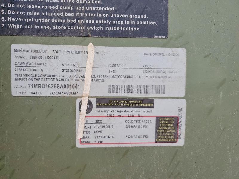 2025 Southern Utilit Y 7X16X4 Dump Trailer