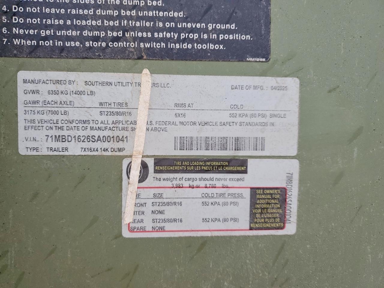 2025 Southern Utilit Y 7X16X4 Dump Trailer