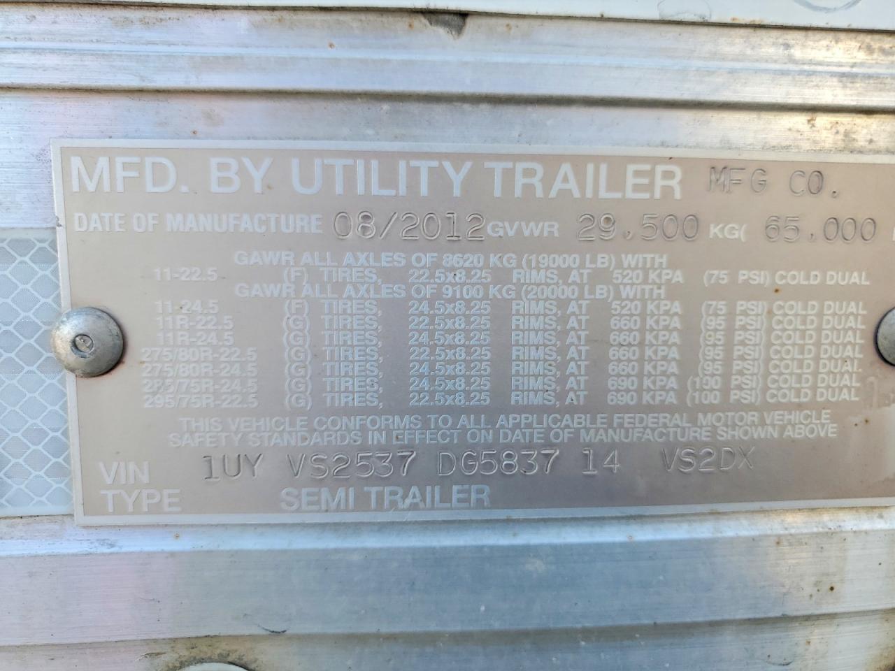 2013 Utility VS2DX DRY Van Trailer