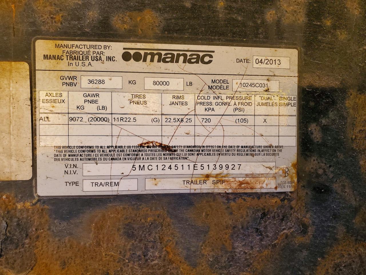 2014 Manac 10245C031 Flatbed Trailer