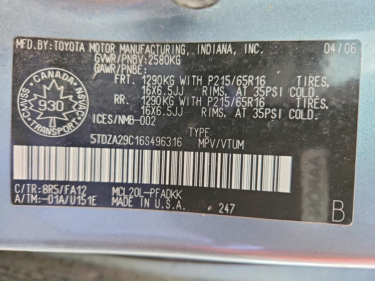 2006 Toyota Sienna ce 7 Passenger