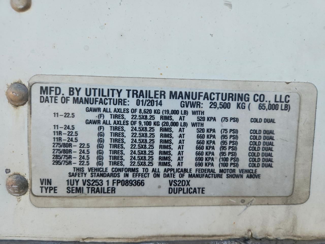 2015 Utility VS2DX DRY Van Trailer