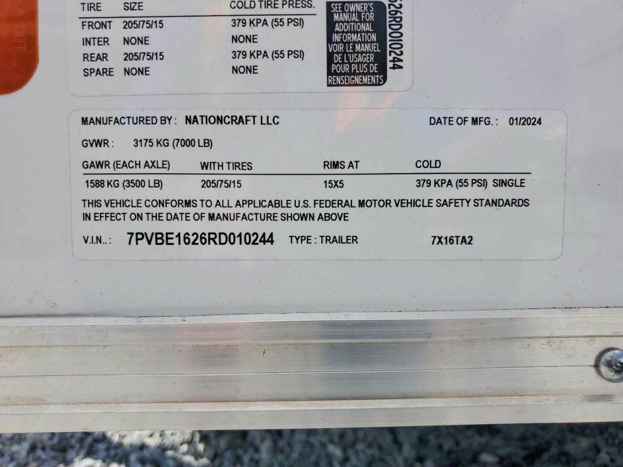 2024 Nationcraft 7X16TA2 Enclosed Cargo Trailer