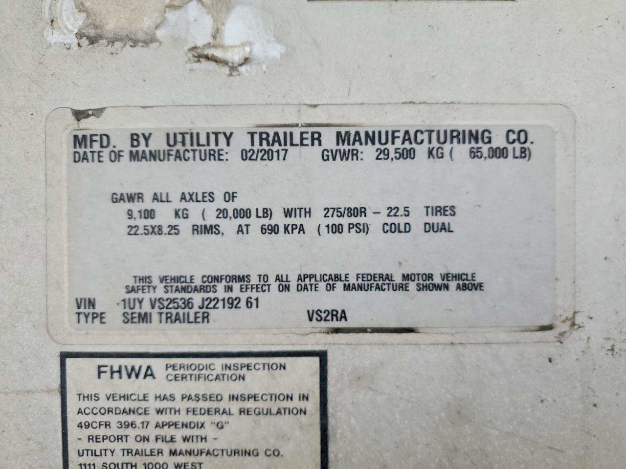 2018 Utility VS2RA Refrigerated Van Trailer