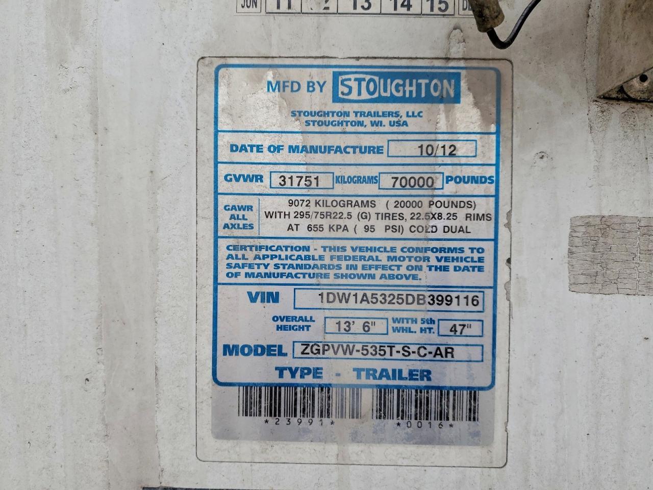 2013 Stoughton Zgpvw-535T-S-C-AR DRY Van Trailer