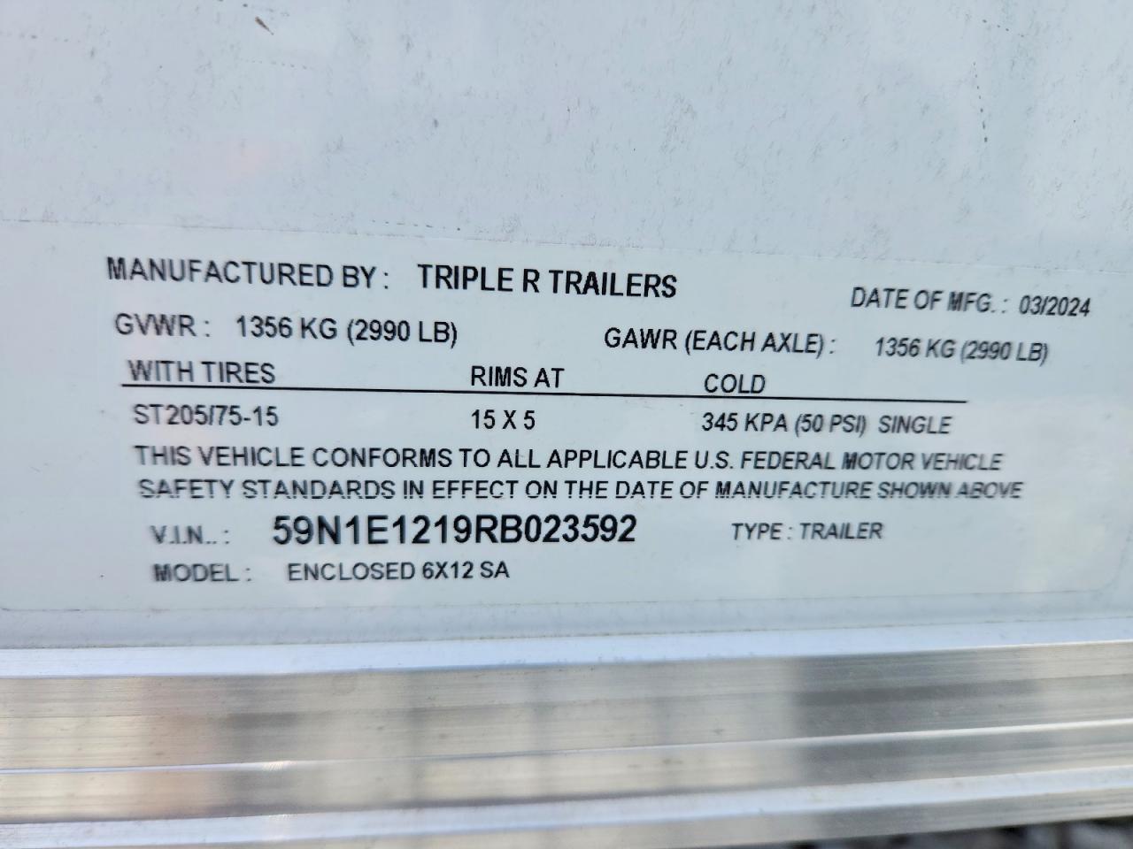 2024 Triple R 6X12SA Enclosed Cargo Trailer
