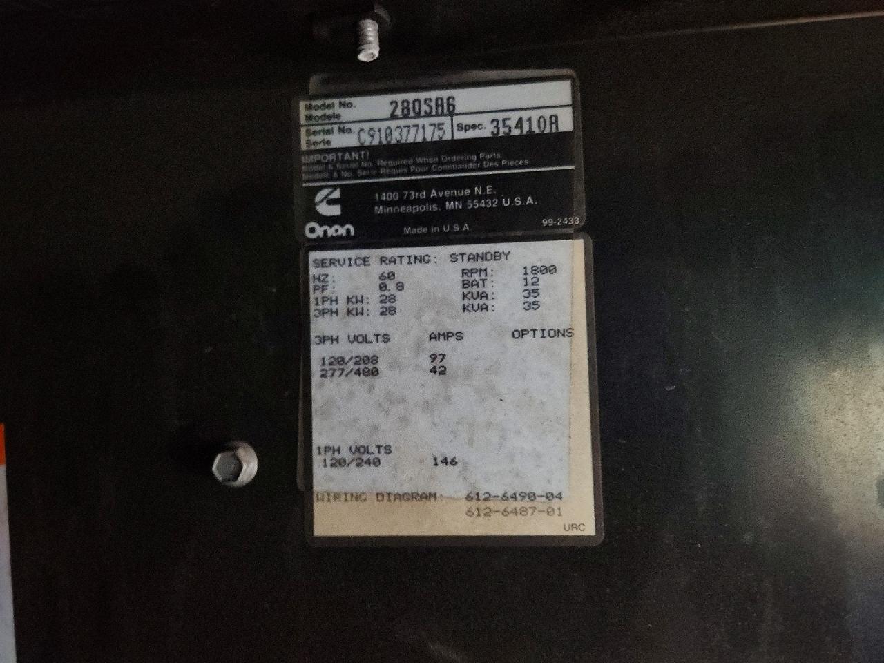 2000 Onan 280SA6 Generation