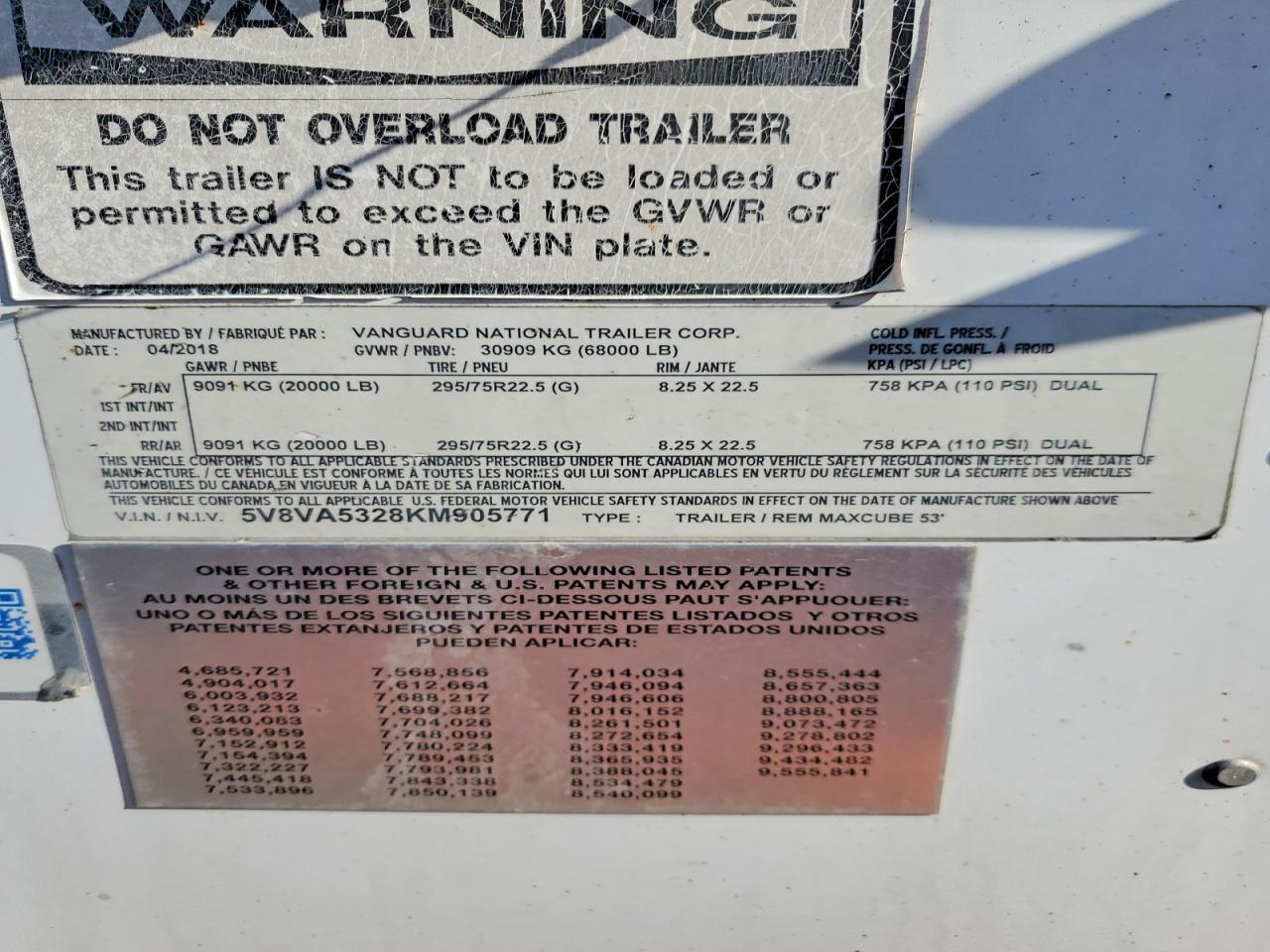 2019 Vanguard DRY Van Trailer