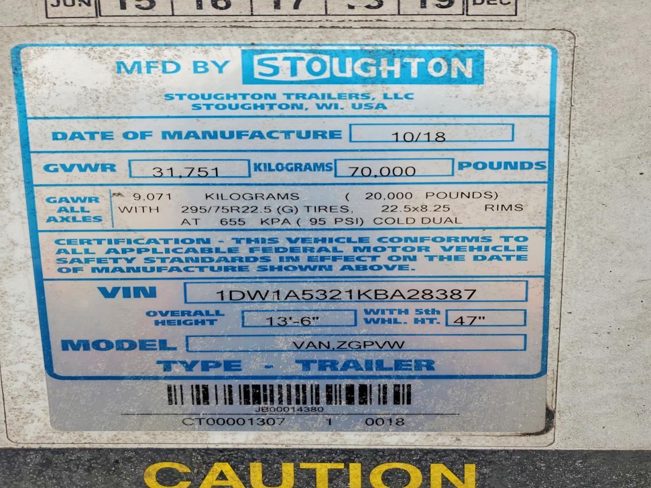 2019 Stoughton Ghton VAN.ZGPVW DRY Van Trailer