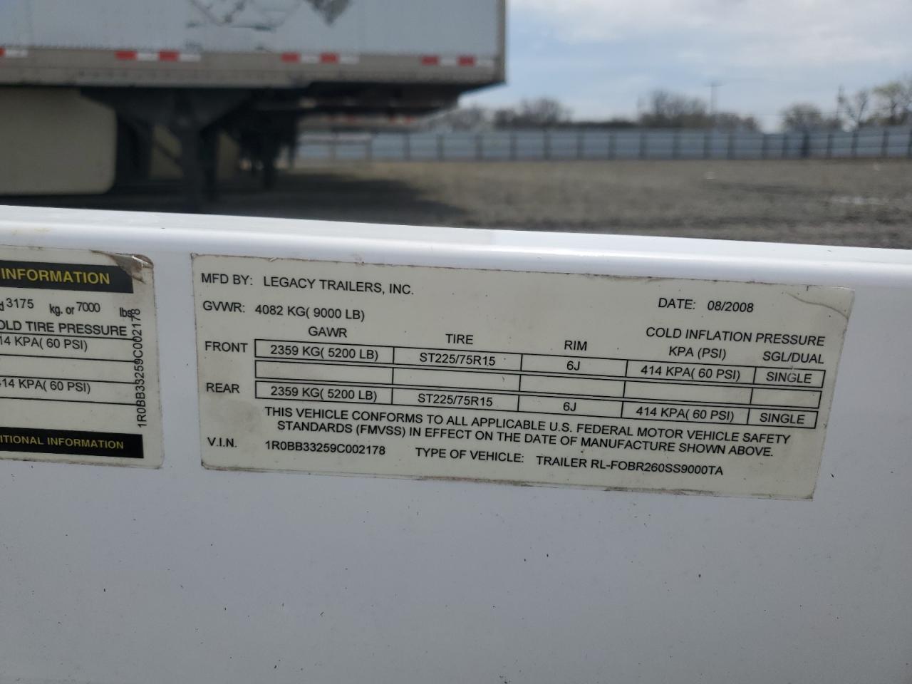 2009 Unknown 2009 Legacy RL-FOBR260SS9000TA Boat Trailer