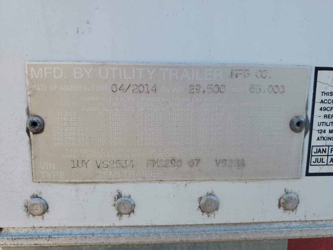 1985 MFG 2015 Utility VS2534 Refrigerated Van Trailer